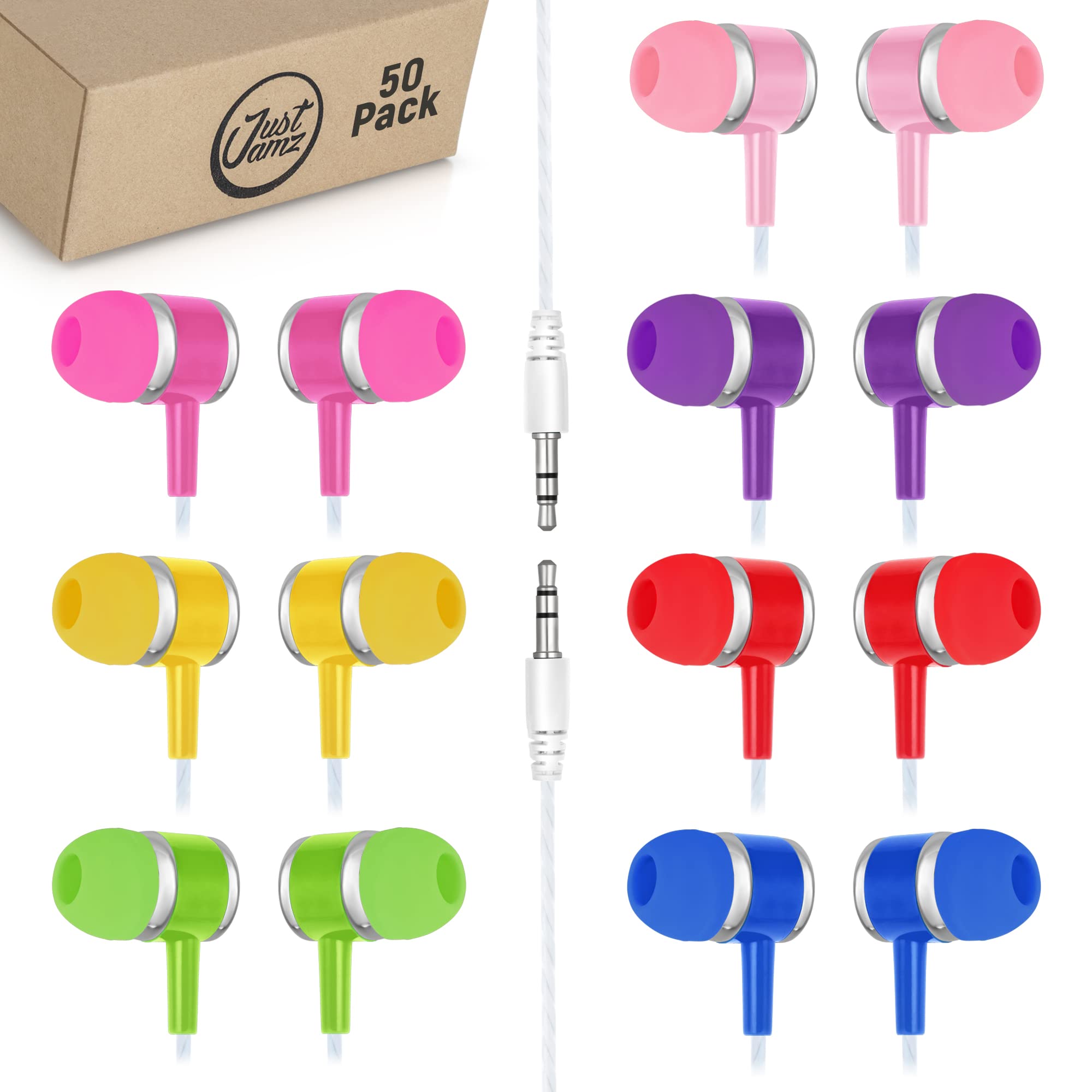 50 Pack Bulk Wired Earbuds with 3.5mm Jack - Colorful Disposable Headphones for Classroom, School & Students - Durable Economy Earphones for Kids - Perfect for Online Learning, Testing Centers & Travel