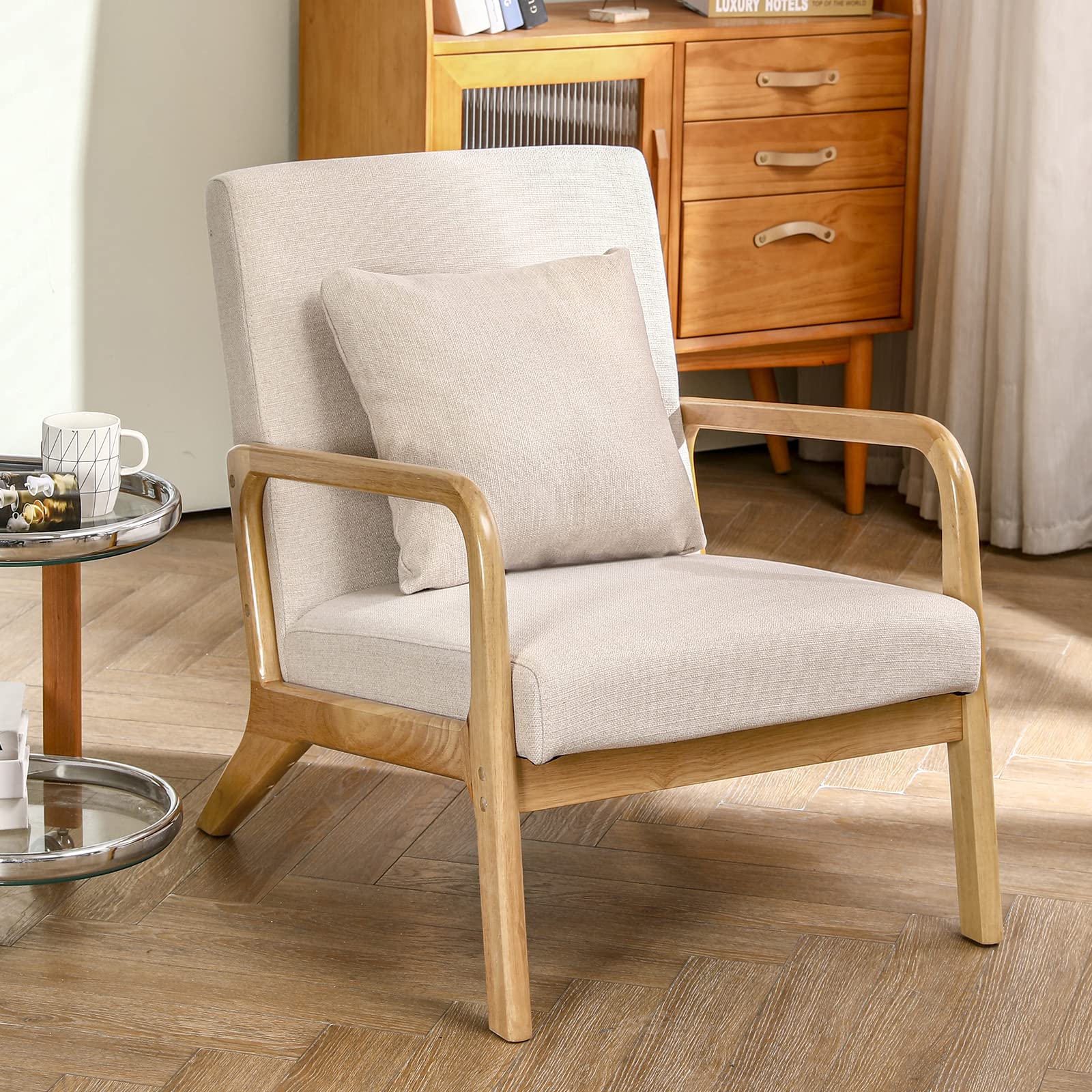 Mid-Century Modern Accent Chair - Upholstered Premium Linen Fabric Armchair with Solid Wood Frame Legs, Comfortable Lounge Chair for Living Room, Bedroom & Office (Beige, 1 PC) - Perfect for Reading Nooks, Cozy Corners & Small Spaces