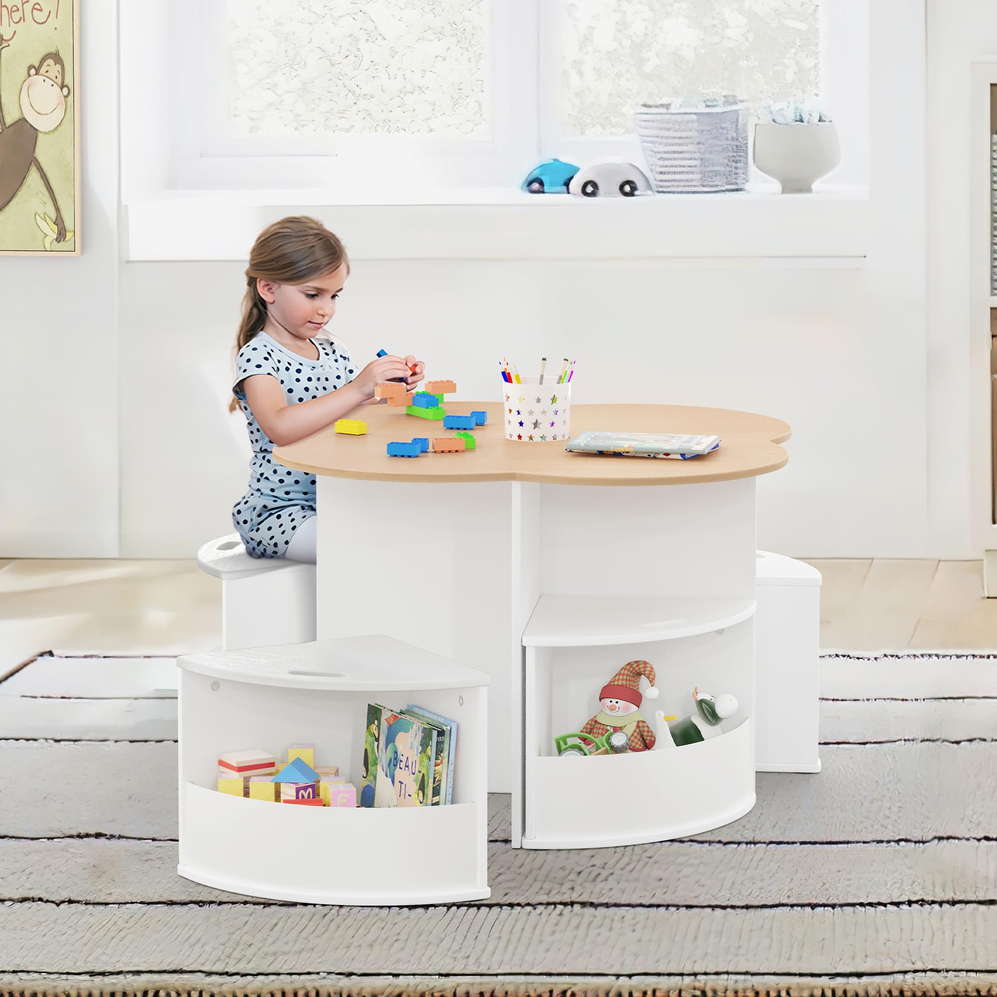 Flower-Shaped Toddler Table and Chair Set with 4 Storage Stools & Built-in Pen Holder - Kids Activity Table for Play, Art, Reading & Crafts (Natural/White) - Perfect for Preschool Learning, Daycare Centers & Home Playrooms