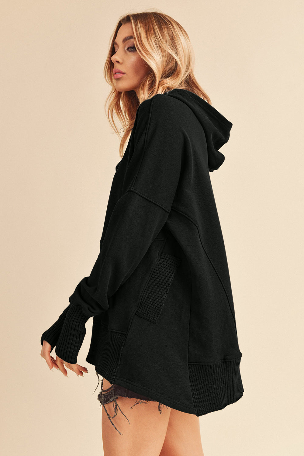 Aemi+Co Women's Half Snap Dropped Shoulder Hoodie - Oversized Pullover Sweatshirt for Casual Wear & Street Style Fashion