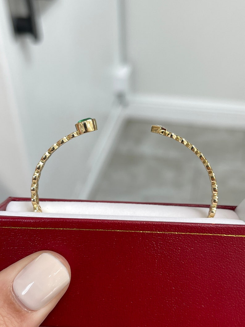 1.22tcw 18K Gold Vivid Green Emerald & Diamond Cuff Bangle Bracelet - Custom Cut Kite Shape, Luxury Jewelry for Women, Perfect for Weddings, Parties & Special Occasions