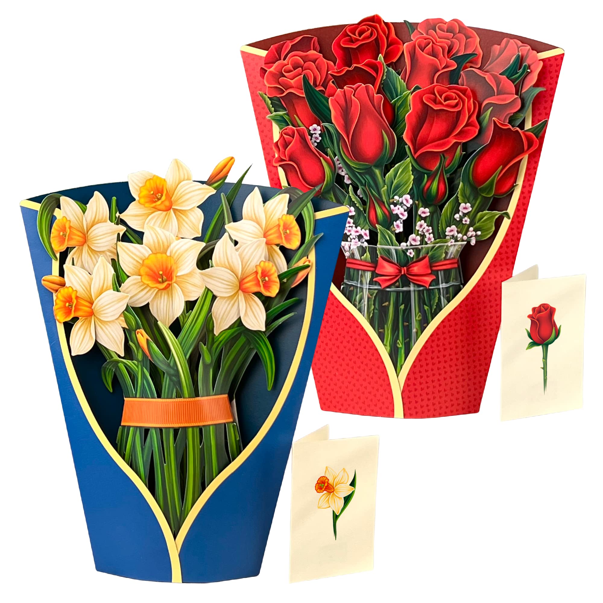 3D Pop Up Greeting Cards - Set of 2 Life-Sized Daffodil & Red Rose Forever Flower Bouquets (12 Inch) with Note Cards & Envelopes | Perfect for Anniversaries, Birthdays & Special Occasions