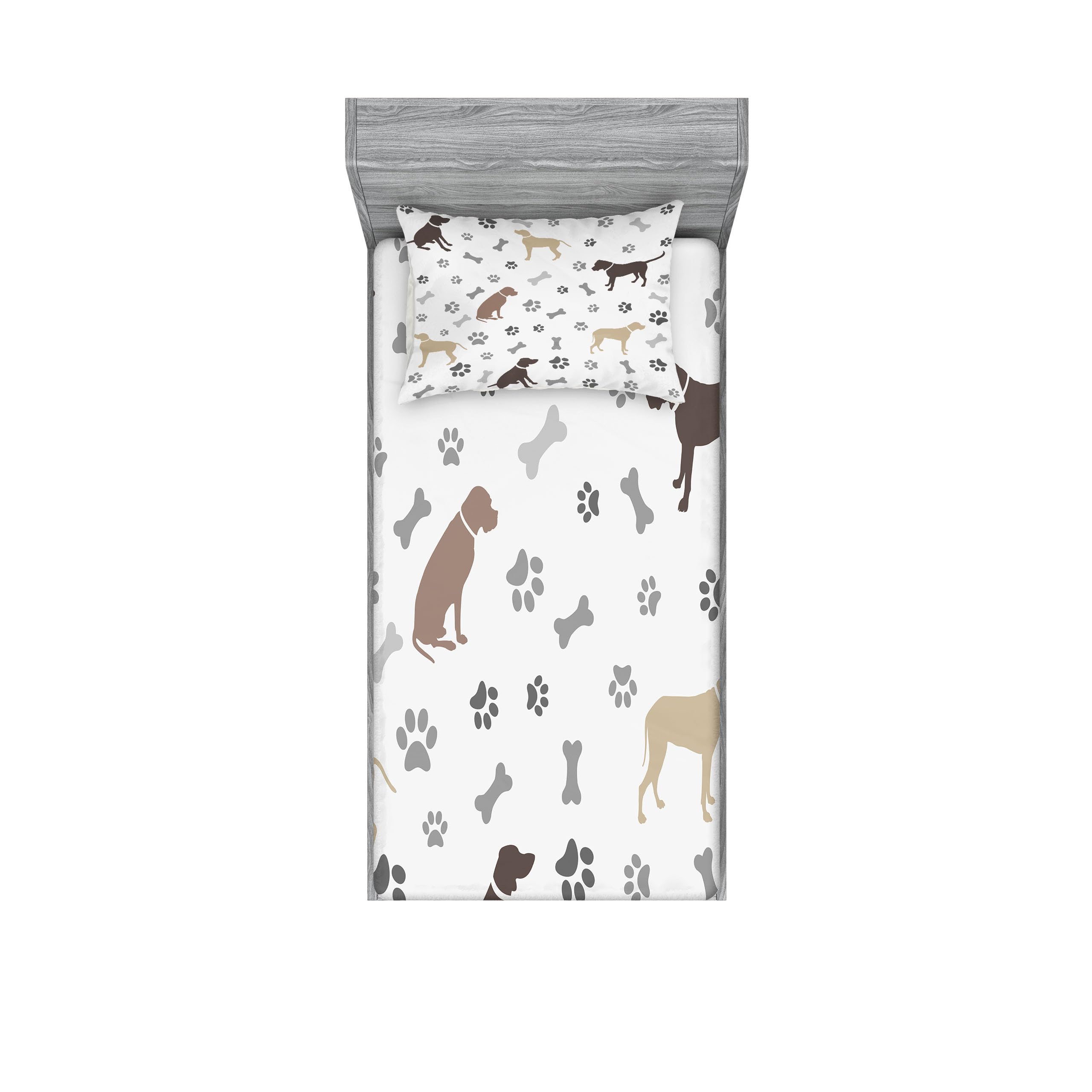 Ambesonne Dog Lover Fitted Sheet & Pillow Sham Set - Paw Print Bones & Dog Silhouettes American Foxhound Breed Pattern, 2-Piece Twin Bedding Set in Umber Beige Grey | Perfect for Dog-Themed Bedrooms, Pet Lover Gifts & Cozy Home Decor