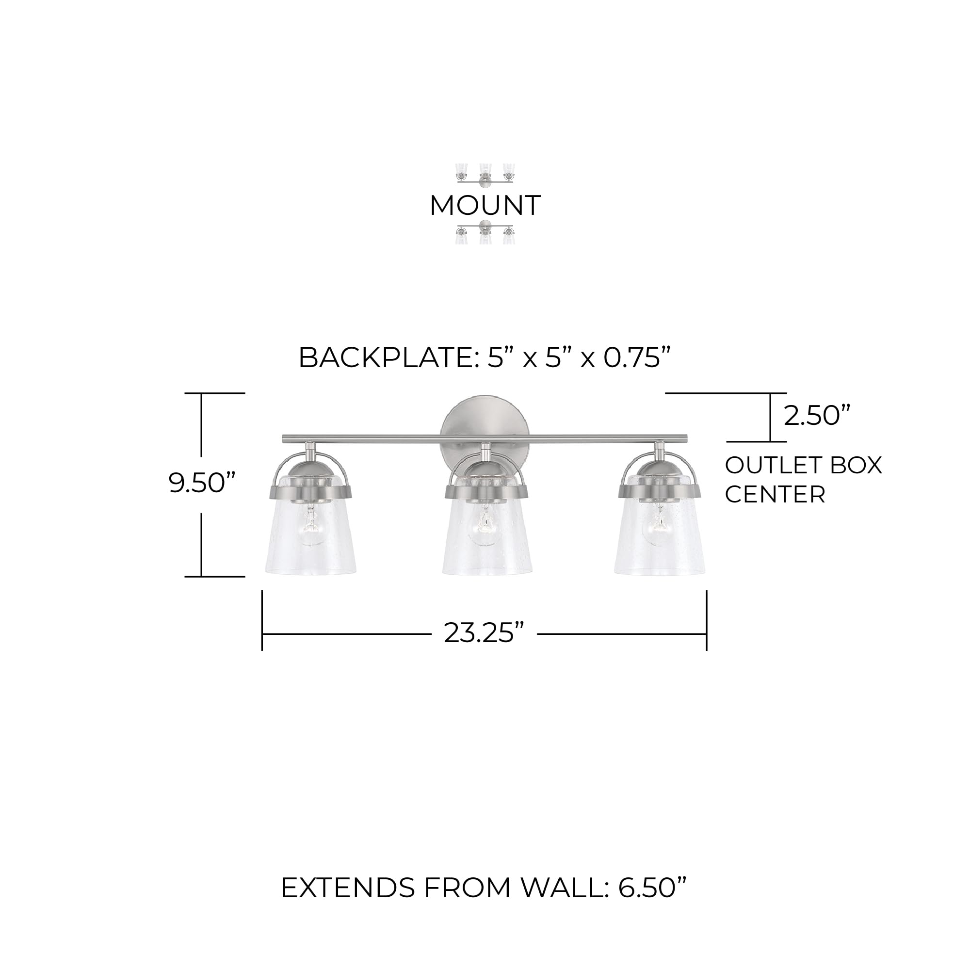 HomePlace Lighting 147031BN-534 Madison 3-Light Bathroom Vanity Light - Clear Seeded Glass, Brushed Nickel Finish, 300W, 10