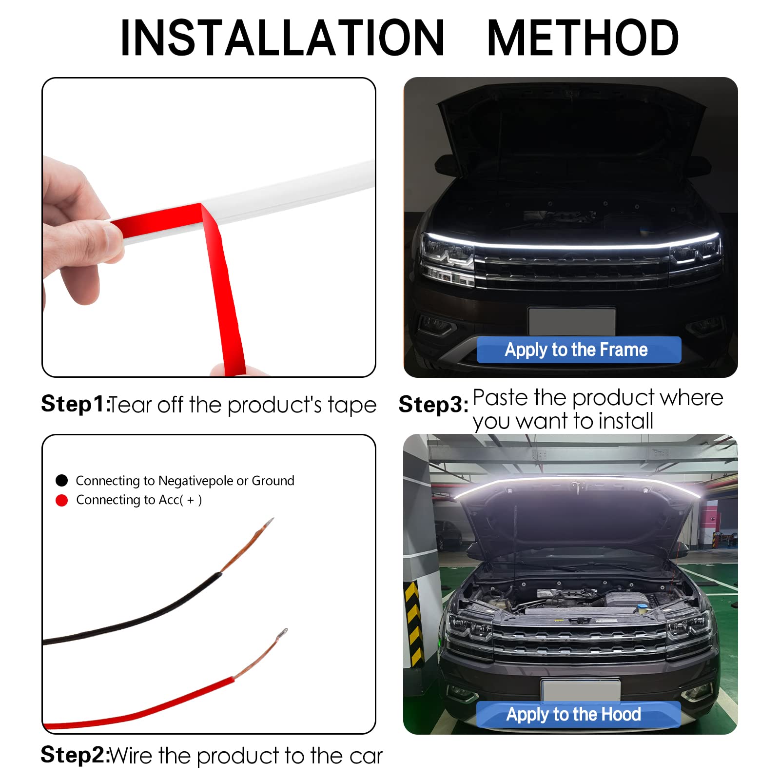 71-Inch Flexible LED Car Hood Light Strip - Dynamic White Daytime Running Lights for Cars & SUVs - Perfect for Night Driving & Custom Exterior Styling