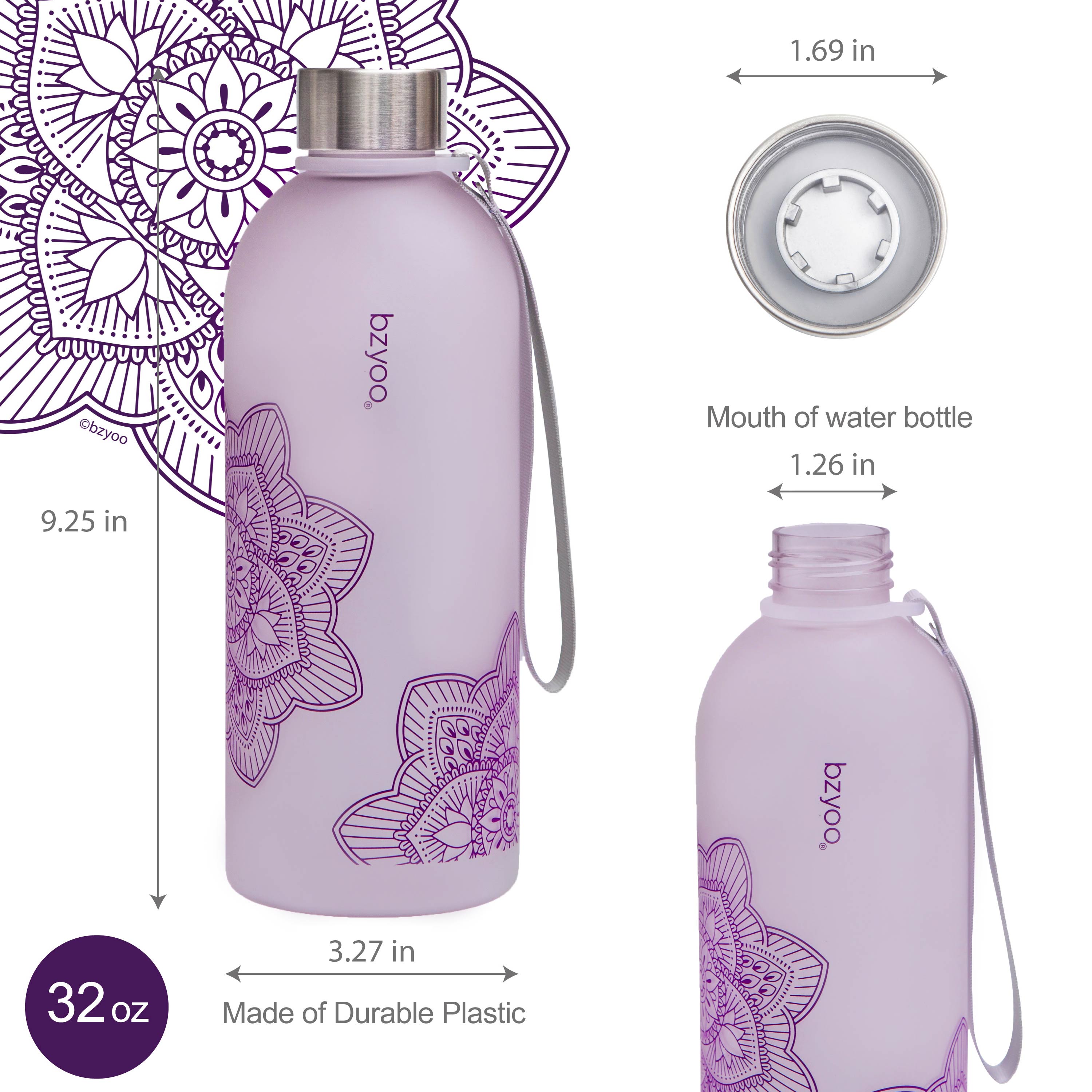 32oz La La Mandala Time Marker Tritan Water Bottle with Carrying Strap - BPA Free Leak Proof Water Bottle for Gym, Yoga, Hiking & Outdoor Activities - Purple