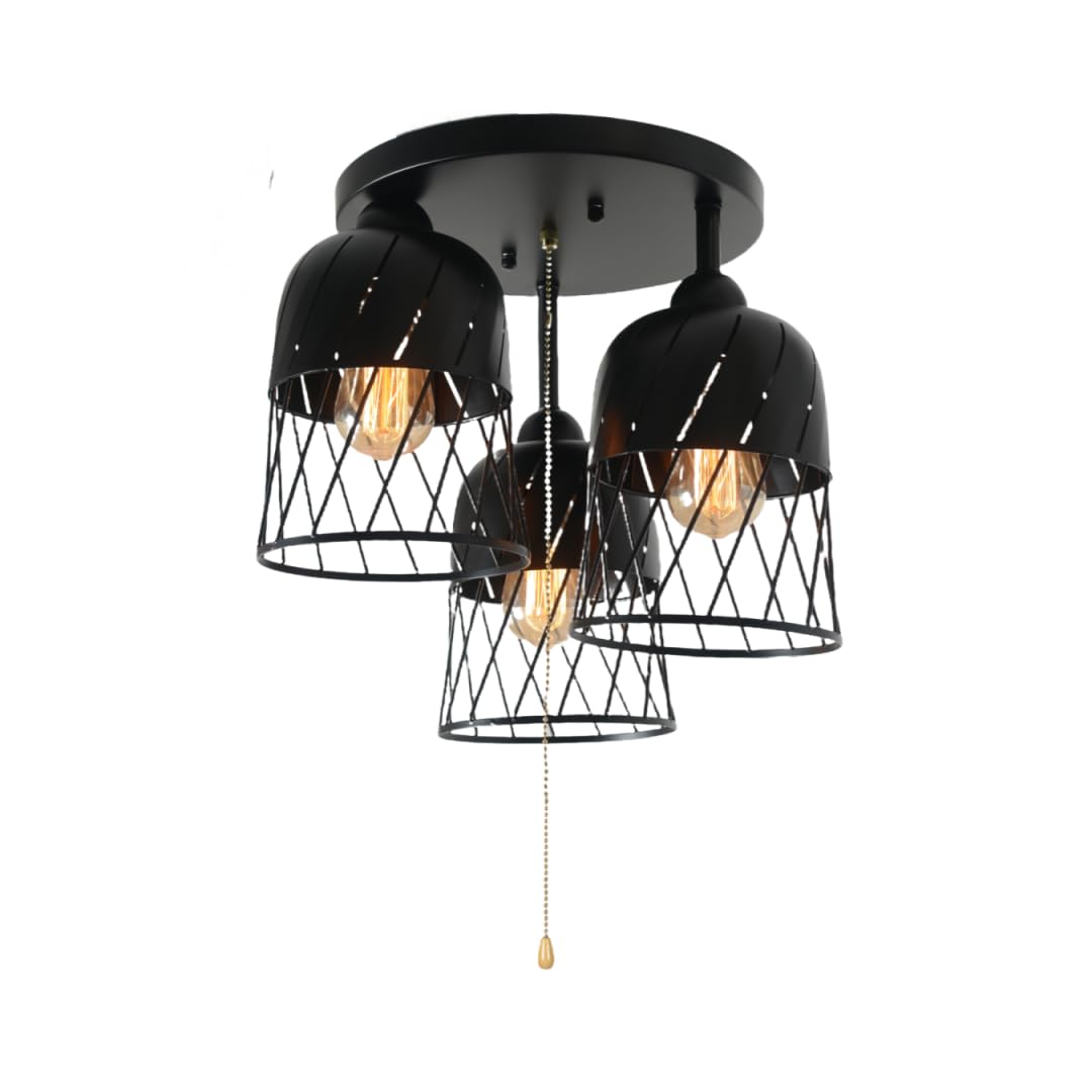 Vintage Industrial Black Ceiling Light Fixture with Pull Chain Switch - Semi Flush Mount Metal Cage Lighting for Living Room, Bedroom, or Kitchen - 3 Light Edison E26 Base - Beuhouz 8086