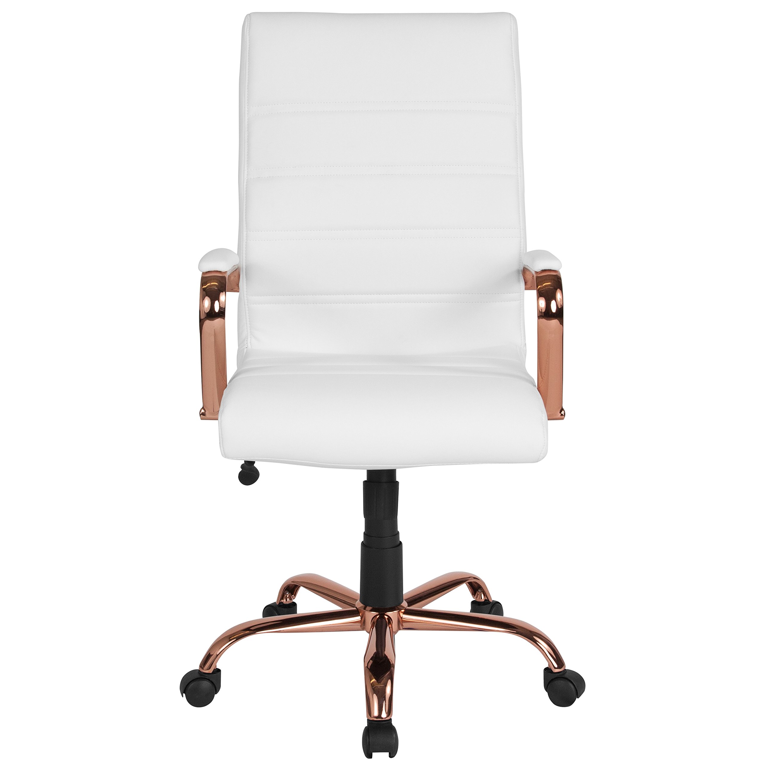 Premium White LeatherSoft High Back Executive Office Chair with Rose Gold Frame - Ergonomic Swivel Arm Chair for Home & Office Workspaces