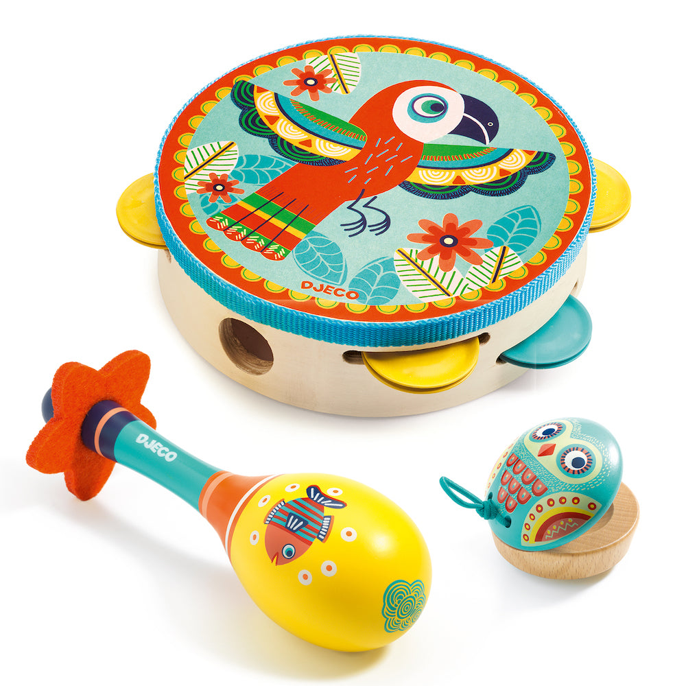 DJECO Animambo Musical Instruments Set of 3 - Kids Percussion Toy for Early Learning & Music Playtime | Perfect for Preschool Classroom, Birthday Gifts & Family Music Time