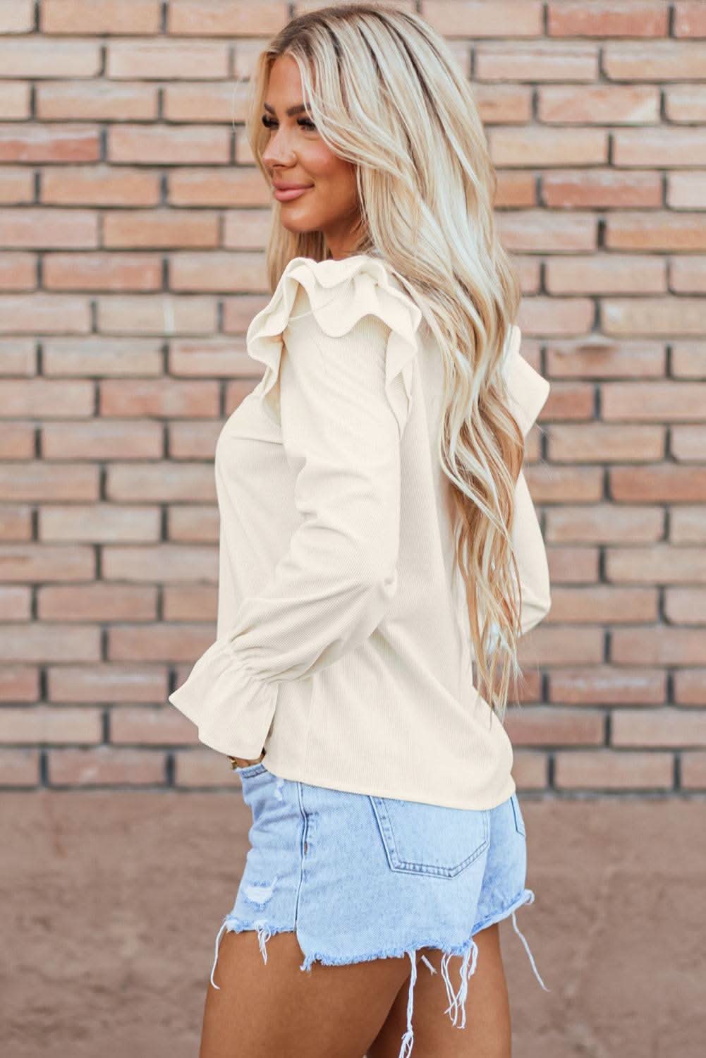 Stylish Beige Corduroy Blouse with Ruffle Sleeves for Women | Trendy Fall Fashion Top for Office Wear & Date Nights