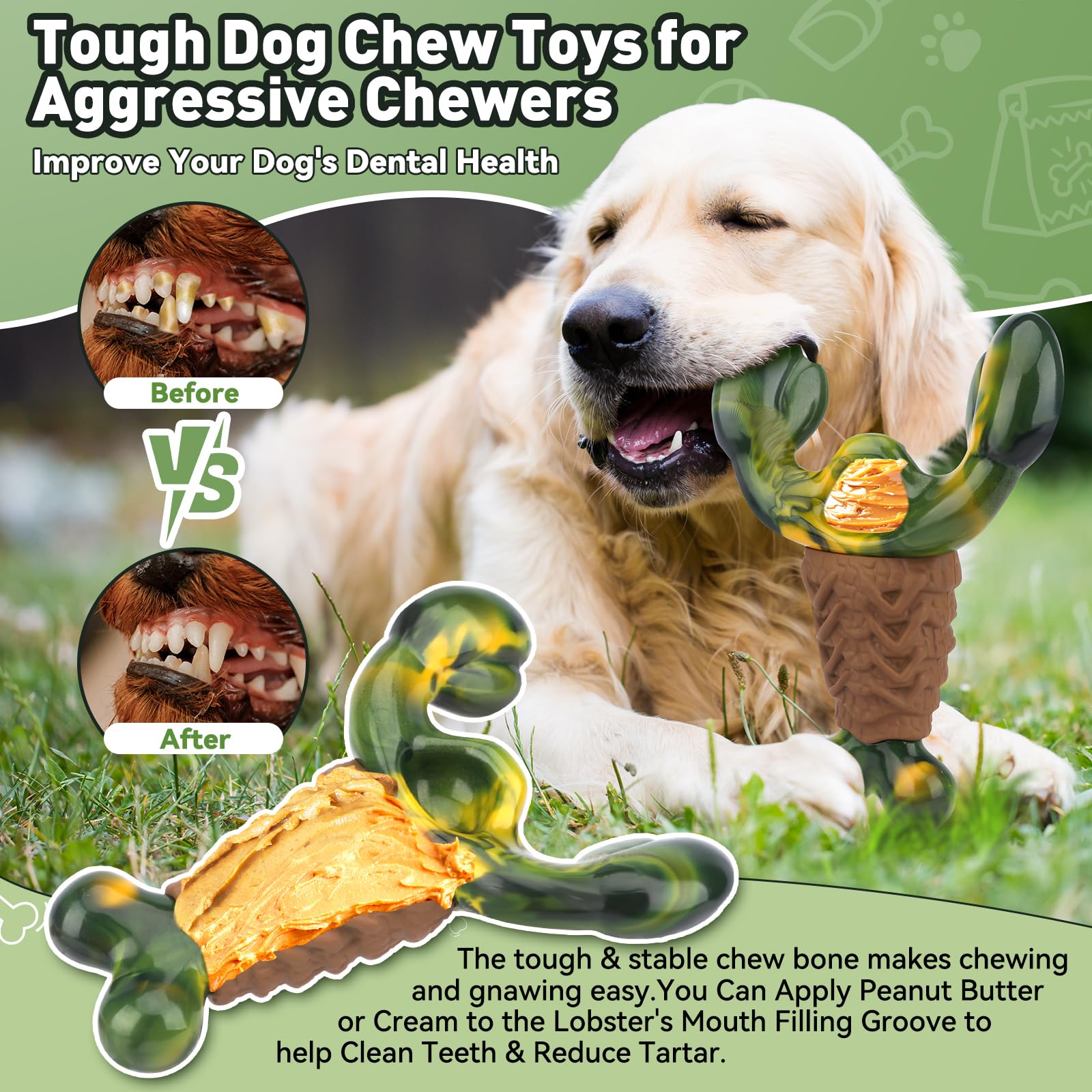 Durable Squeaky Dog Toys for Aggressive Chewers - Tough Chew Toys for Medium & Large Dogs - Interactive Indestructible Dog Toys to Keep Pets Busy - Perfect for Playtime & Training (Green)