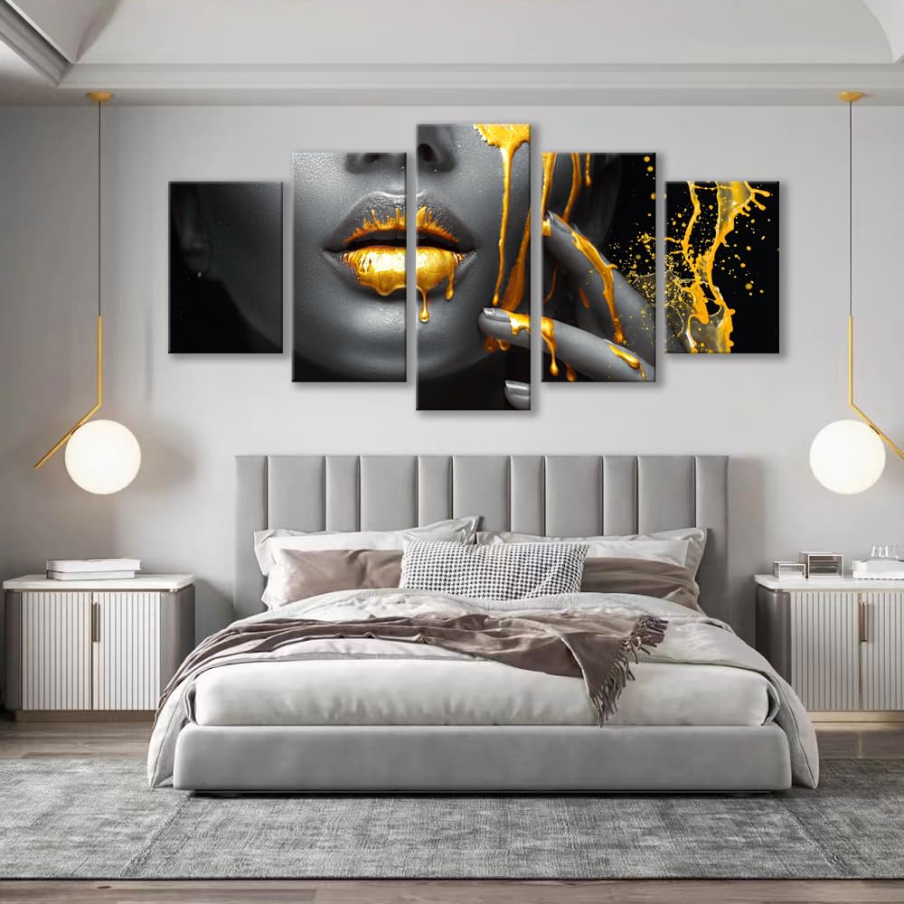Abstract Black African People & Gold Glitter Wall Art Canvas Prints - Set of 5 Modern Artwork for Living Room, Bedroom, Office & Home Decor | Perfect for African-Themed Interiors & Contemporary Spaces