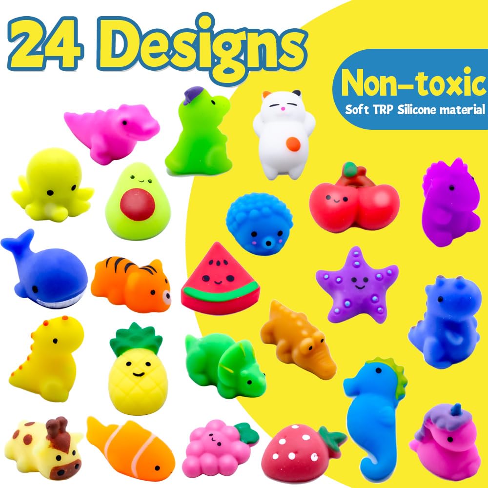 24-Piece Kawaii Squishy Toys Set - Cute Cat, Dinosaur, Fruit & Mochi Stress Relief Toys for Kids | Party Favors, Goodie Bag Fillers, Birthday Gifts | Anxiety Relief, Sensory Play & Classroom Rewards