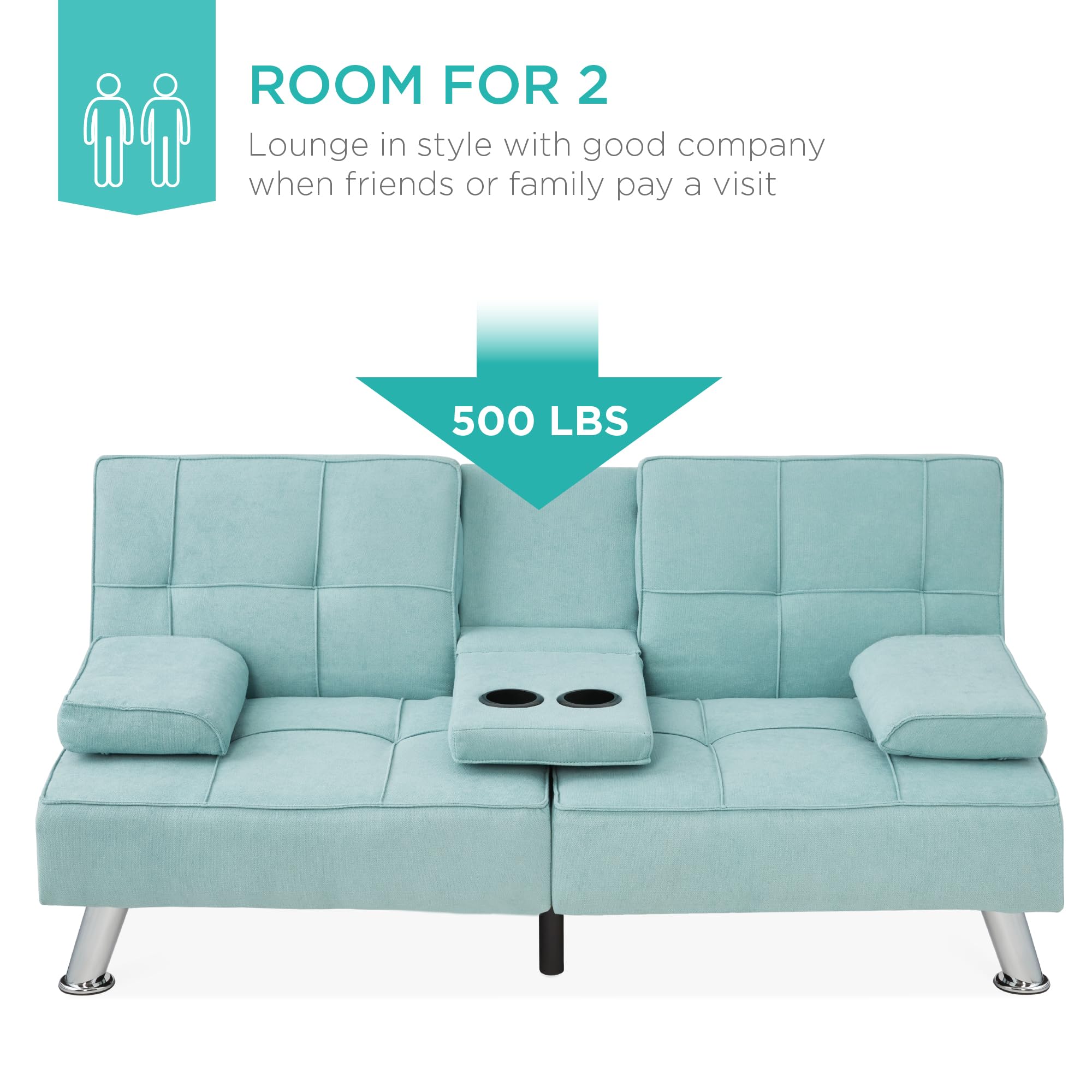 Best Choice Products Modern Folding Futon Sofa Bed - Convertible Linen Recliner with Removable Armrests & 2 Cup Holders - Space Saving Sleeper for Small Apartments, Dorms, Guest Rooms - Aqua Blue