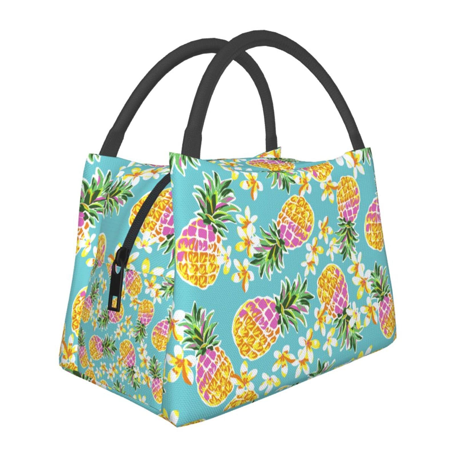 Gbuzozie Insulated Lunch Bag with Pineapple & Tropical Flower Design - Reusable Large Lunch Tote for Women & Men - Perfect for School, Office, Work, Picnics & Beach Outings