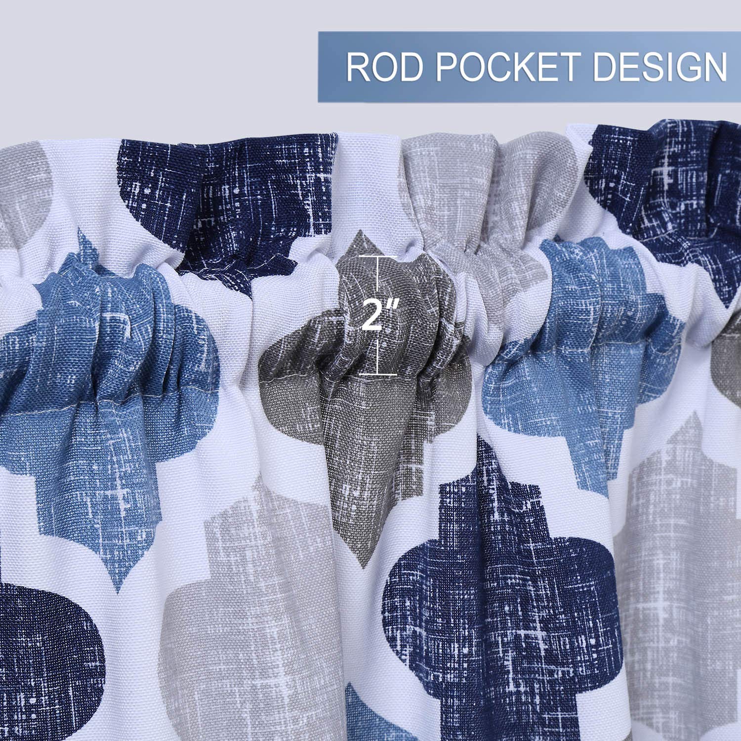Quatrefoil Printed Cafe Curtains 30 Inch - Set of 2, Geometric Lattice Rod Pocket Window Curtains for Bathroom & Kitchen, Gray/Navy Cotton Blend - Perfect for Small Windows, French Doors & Farmhouse Decor