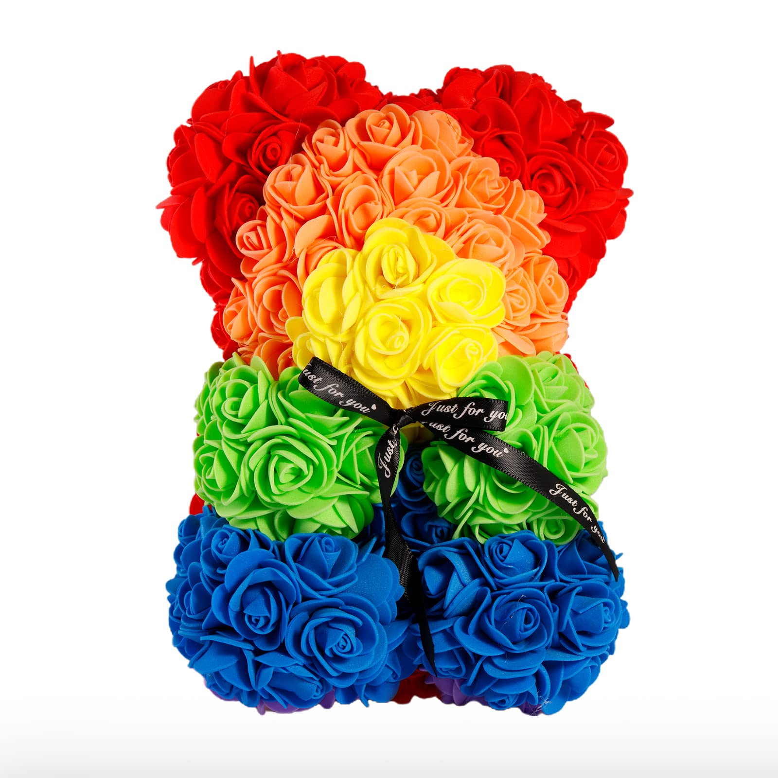 10 Inch Artificial Rose Flower Bear - Romantic Rainbow Gift for Christmas, Graduation, Valentine's Day, Mother's Day, Anniversary, Birthday & Wedding - Perfect for Home Decor, Party Centerpieces & Surprise Gifts