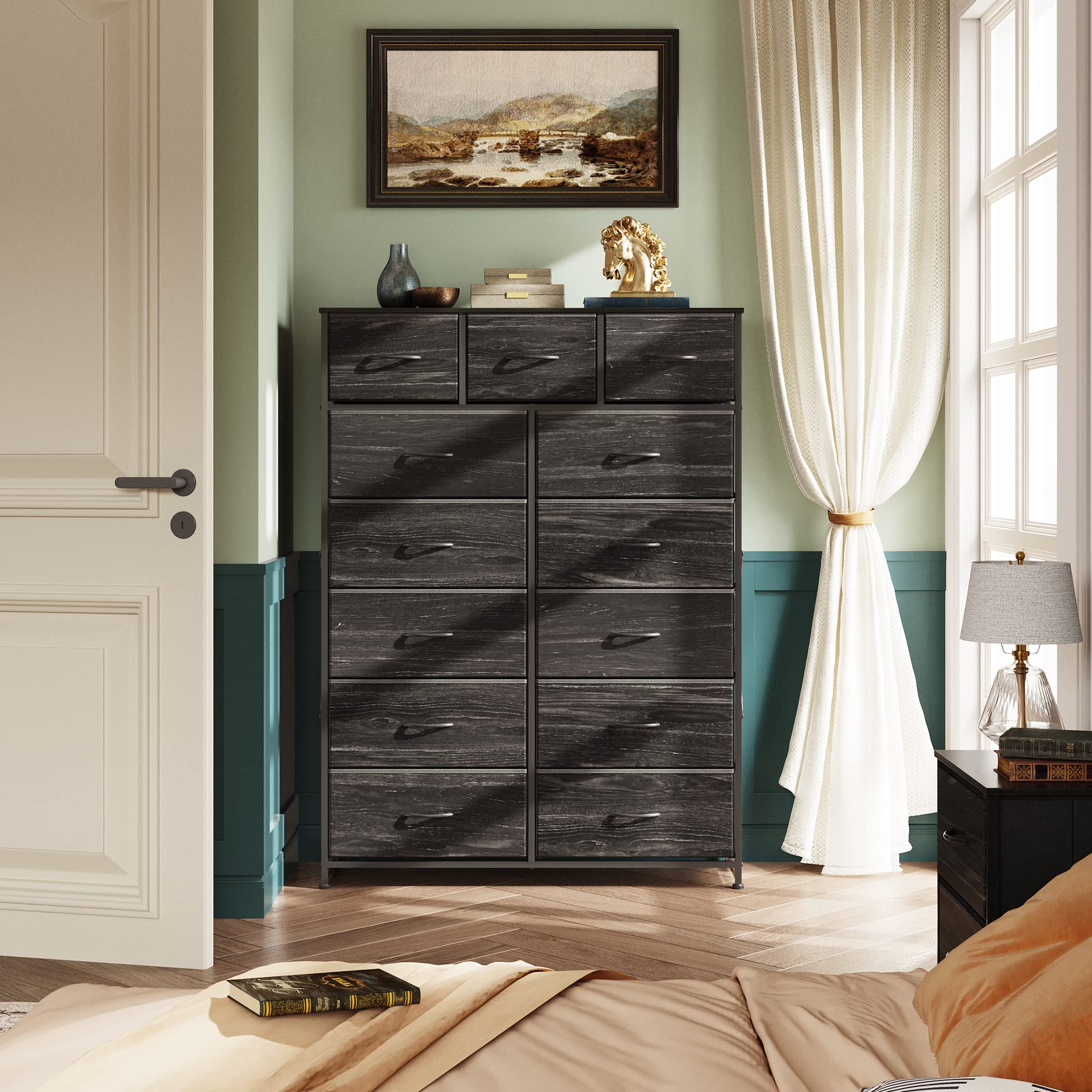 WLIVE 13-Drawer Tall Dresser for Bedroom - Fabric Storage Organizer with Steel Frame & Wood Top - Charcoal Black Wood Grain Print - Perfect for Bedroom, Closet, or Nursery Organization