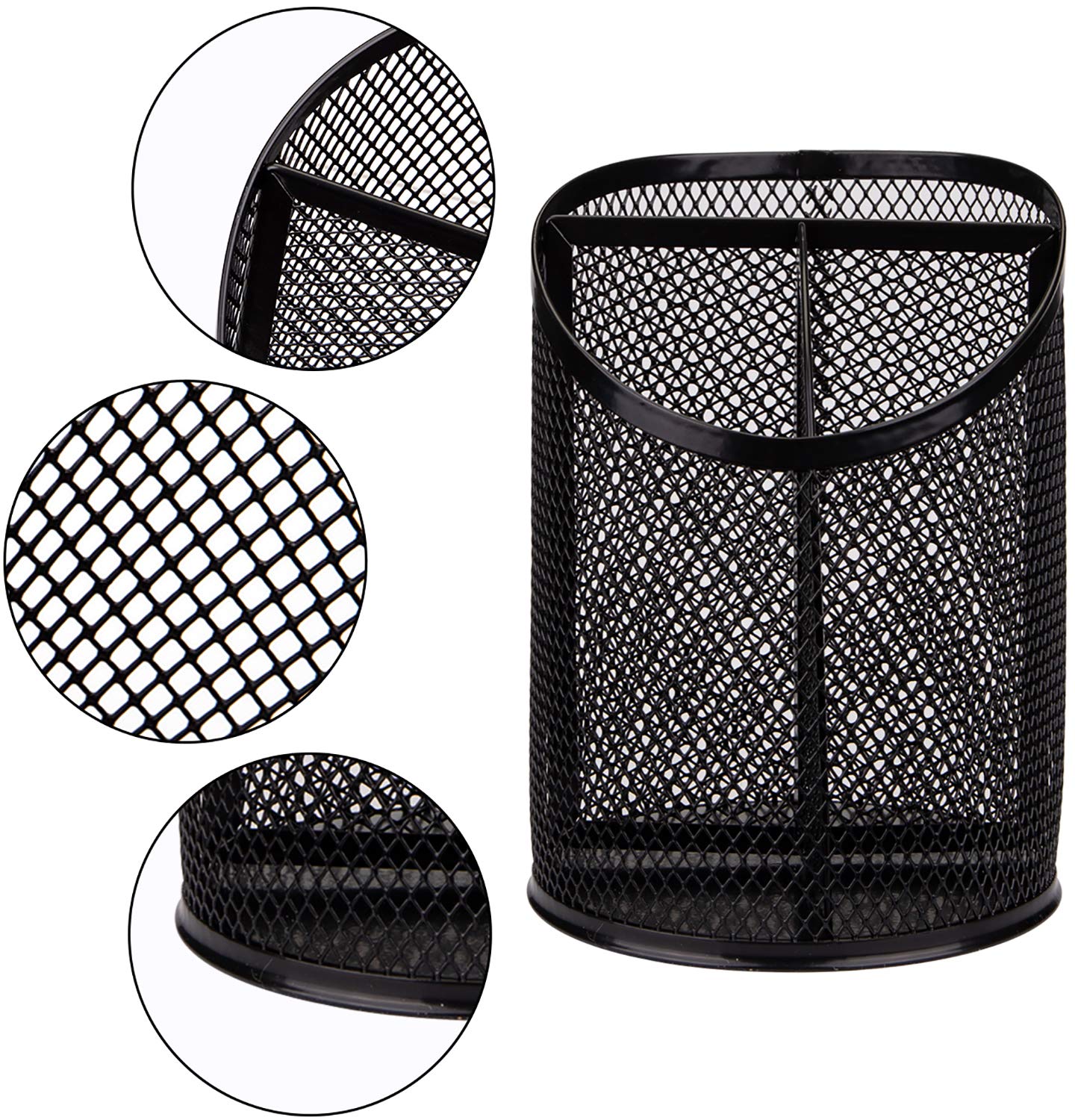 Nicunom 4 Pack Black Metal Mesh Pen Holder - Round Steel Desk Organizer with 3 Compartments for Pencils, Pens & Office Supplies | Perfect for Home, Office & School Organization