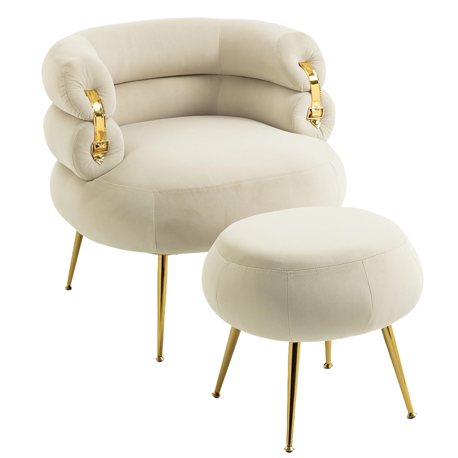 Luxury Velvet Accent Chair with Ottoman - Modern Barrel Chair with Gold Buckle & Wooden Legs, Round Sofa Chair for Living Room, Bedroom, Office | Plush Comfort with Footrest for Small Spaces (Velvet Beige) - Perfect for Reading Nook, Lounge Area & Home Decor