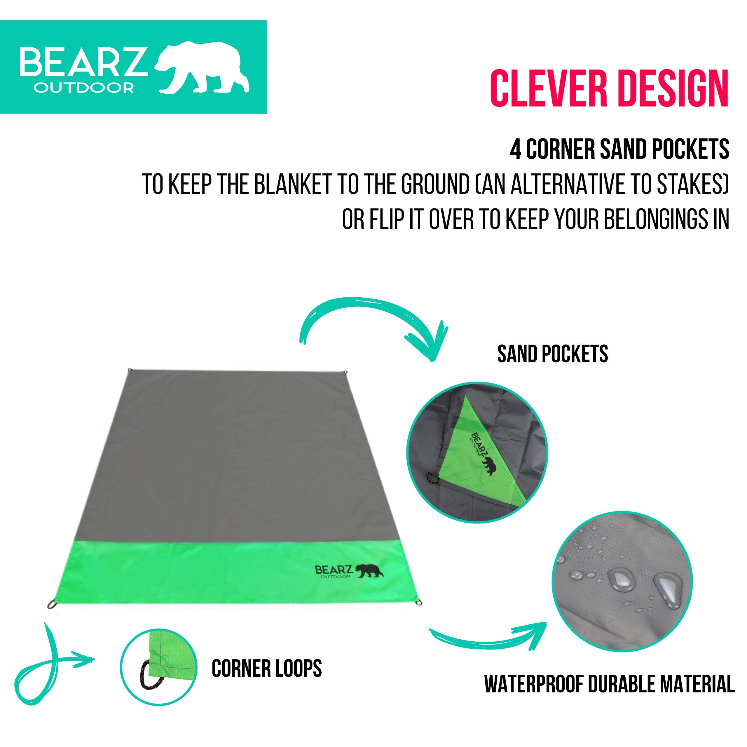 Waterproof Portable Pocket Blanket for Beach, Camping & Picnic - Lightweight Travel Blanket with Stakes - Outdoor Picnic Mat for Park, Hiking & Backpacking (Green)