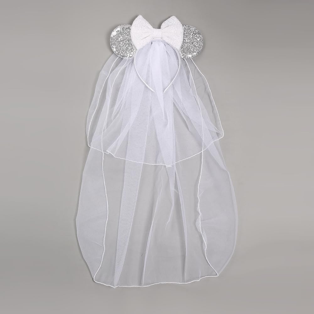 JIAHANG Bridal Veil Mouse Ear Bow Headband - Silver Wedding Hair Accessory for Bachelorette Party, Honeymoon & Bridal Shower | Perfect for Women & Girls' Special Occasions