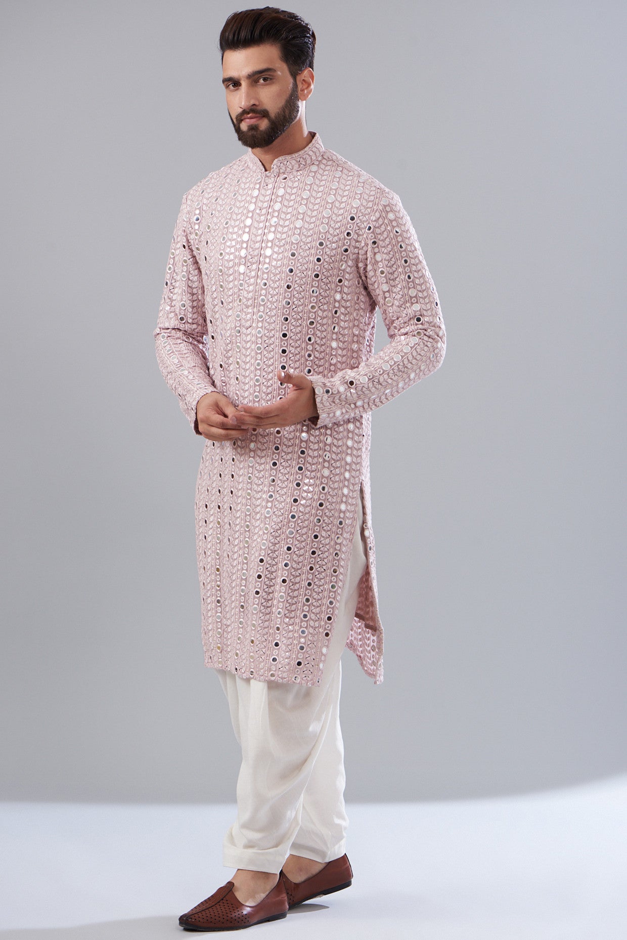 Lilac Mirror Work Kurta for Women - Elegant Embroidered Indian Tunic Top for Festivals & Parties