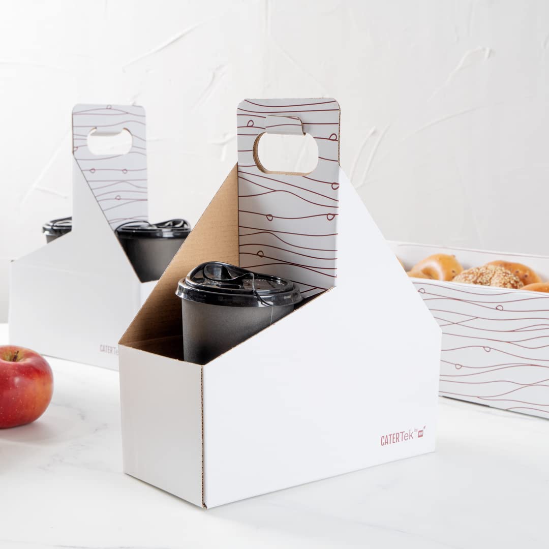 Restaurantware Cater Tek 100-Pack Disposable Cup Carriers with Handles - Holds 2 Cups for Delivery or Takeout, White & Brown Paper Drink Holders, Built-In Handle Fits Coffee, Soda & Bubble Tea - Perfect for Restaurants, Cafes & Food Trucks
