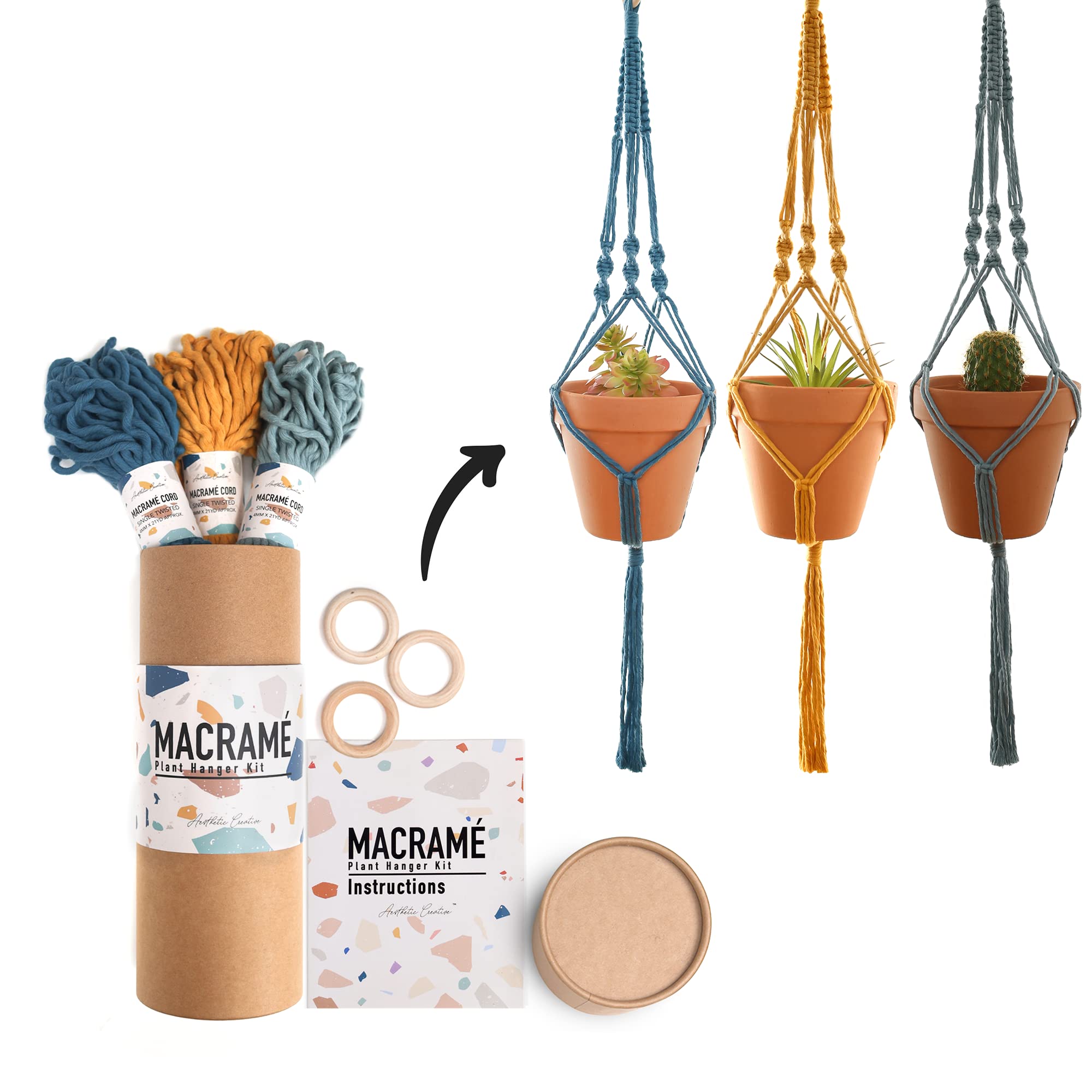DIY Macrame Kit for Beginners - Make 3 Boho Plant Hangers with Custom Color Cords, Wooden Rings & Instructions | Home Decor Craft Supplies for Teens & Adults | Perfect for Boho Home Decor, Gift Making & Wall Art Projects