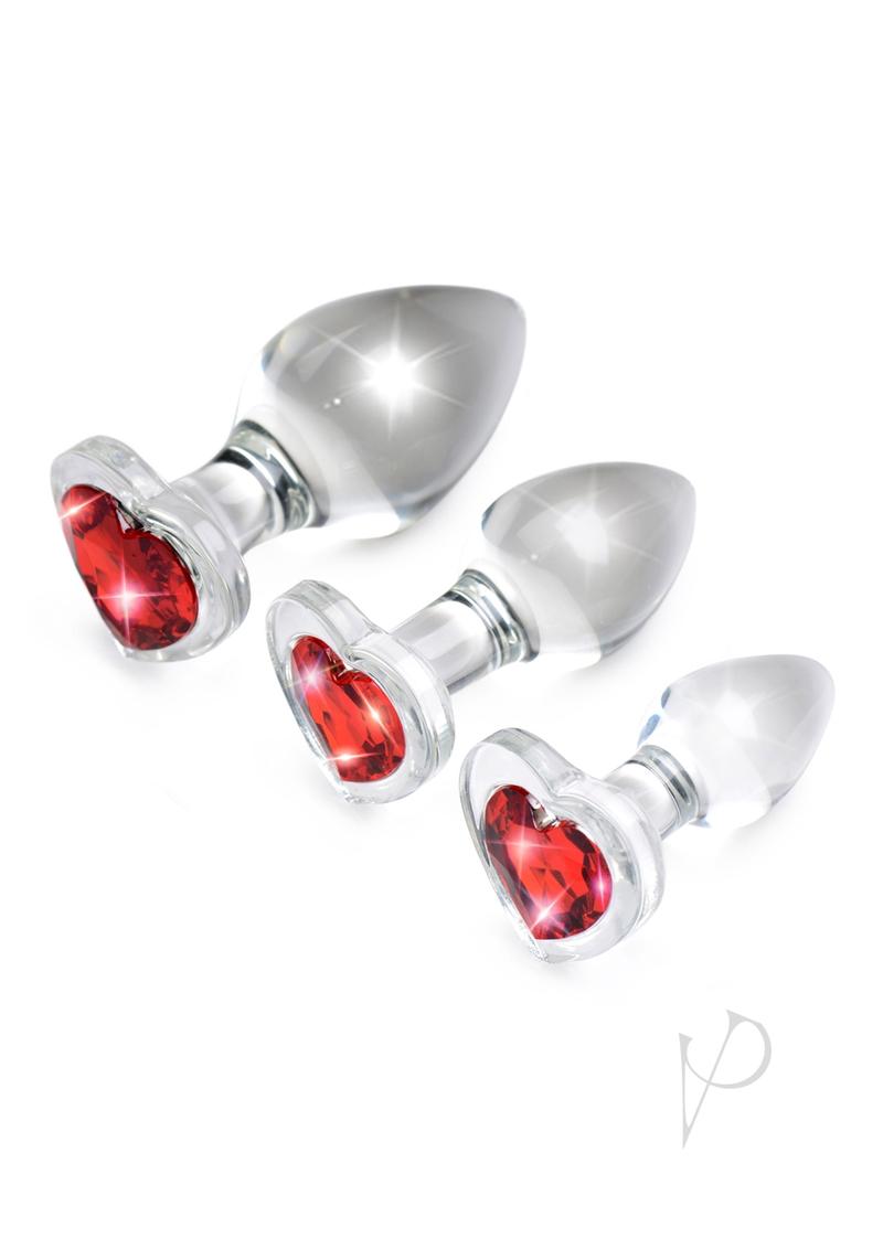 Booty Sparks Red Heart Gem Glass Plug Set - 3 Piece (S/M/L) - Red & Clear - Perfect for Valentine's Day, Bachelorette Parties & Sensual Play
