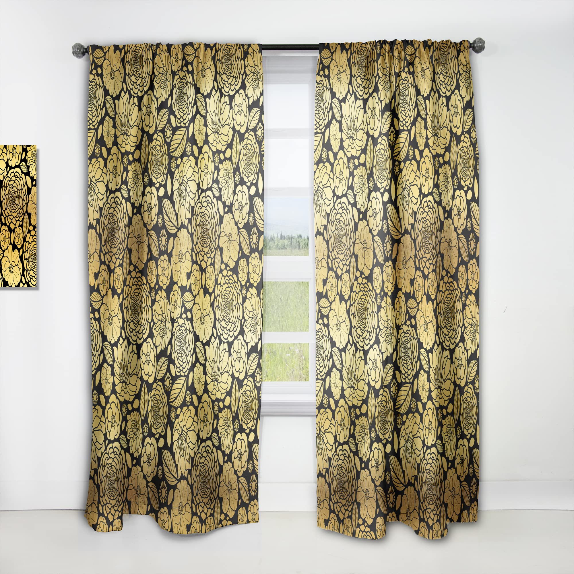 DesignQ 'Golden Floral II' Thermal Insulated Curtains - 52x120 Inch Single Panel for Bedroom & Living Room - Elegant Home Decor for Temperature Control & Privacy