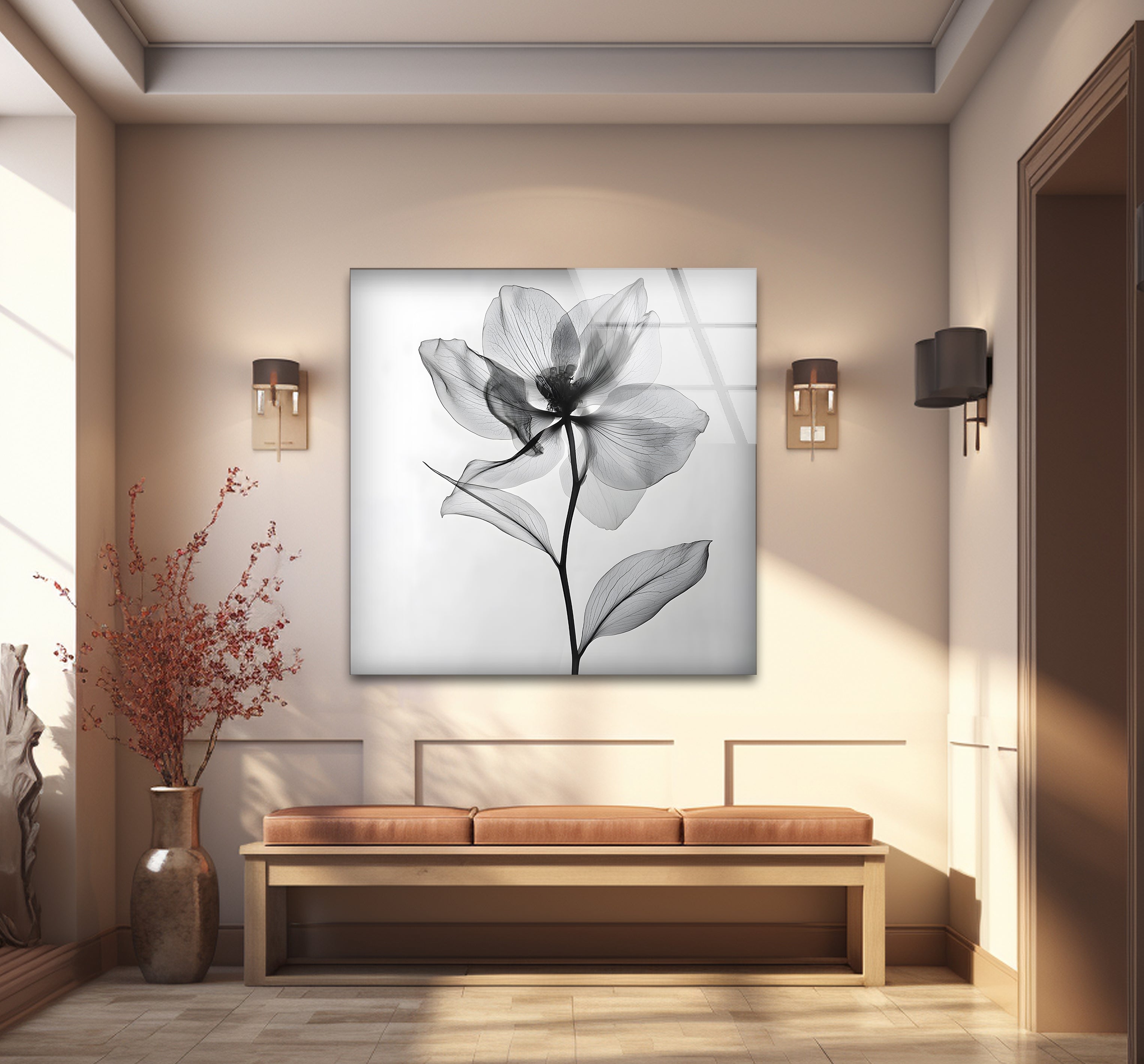 Black and White Flower Glass Wall Art - Elegant Home Decor for Living Room, Bedroom & Office