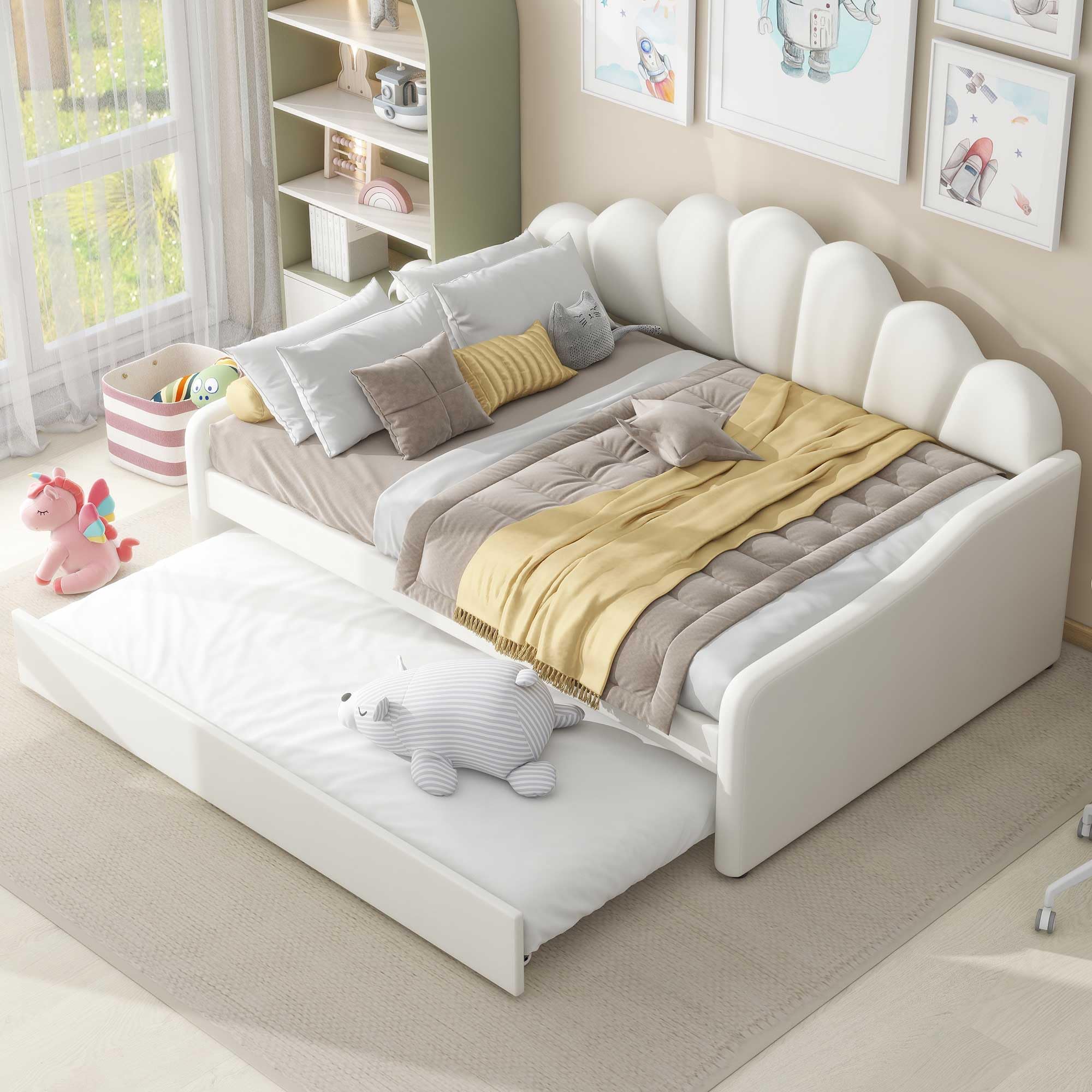 Bellemave Full Size Daybed with Trundle - Convertible Sofa Bed for Adults & Kids, Velvet Upholstered Sleeper for Living Room, Guest Room or Dorm - Beige Modern Furniture for Small Spaces