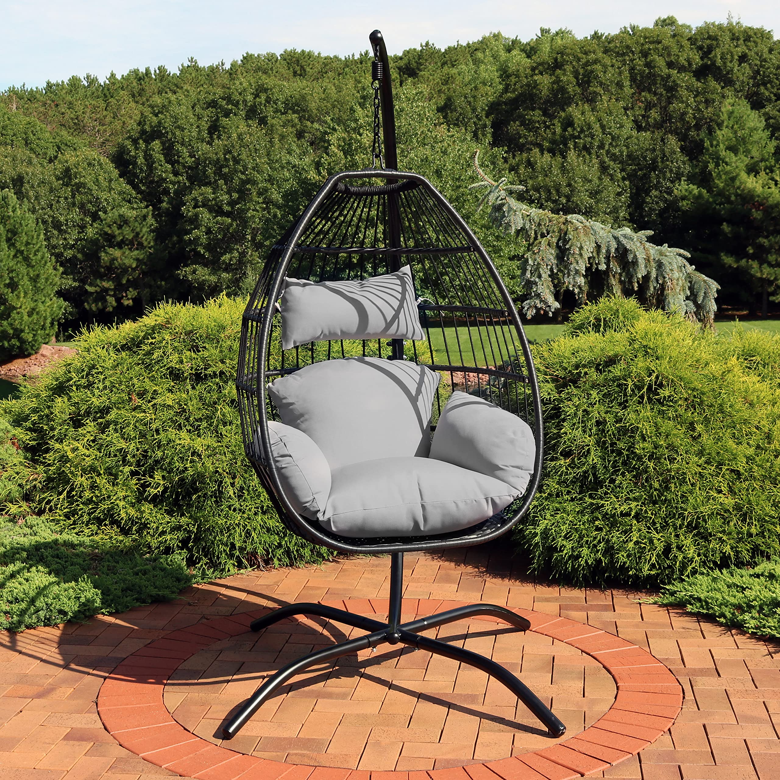 Sunnydaze Delaney Black Resin Wicker Hanging Egg Chair with Powder-Coated Steel Stand & Gray Polyester Cushions - 81