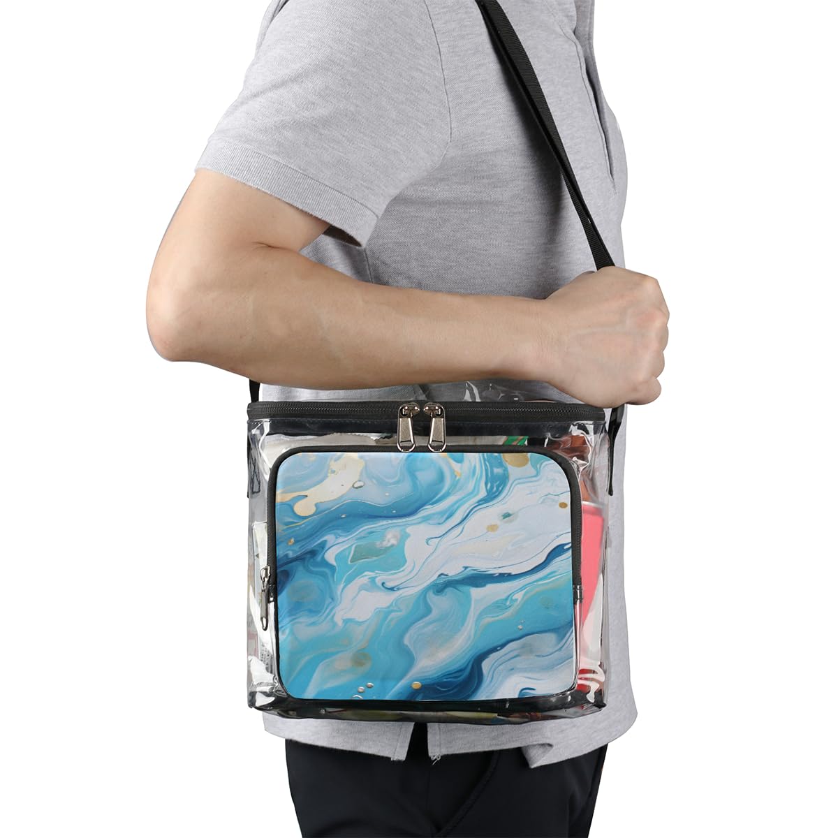 GzLeyigou Blue Marble Pattern Clear Tote Bag with Handles - Waterproof Transparent Crossbody Shoulder Bag for Women - Perfect for Lunch, Outdoor Travel, Picnic, Concerts & Sports Events (Stadium Approved)