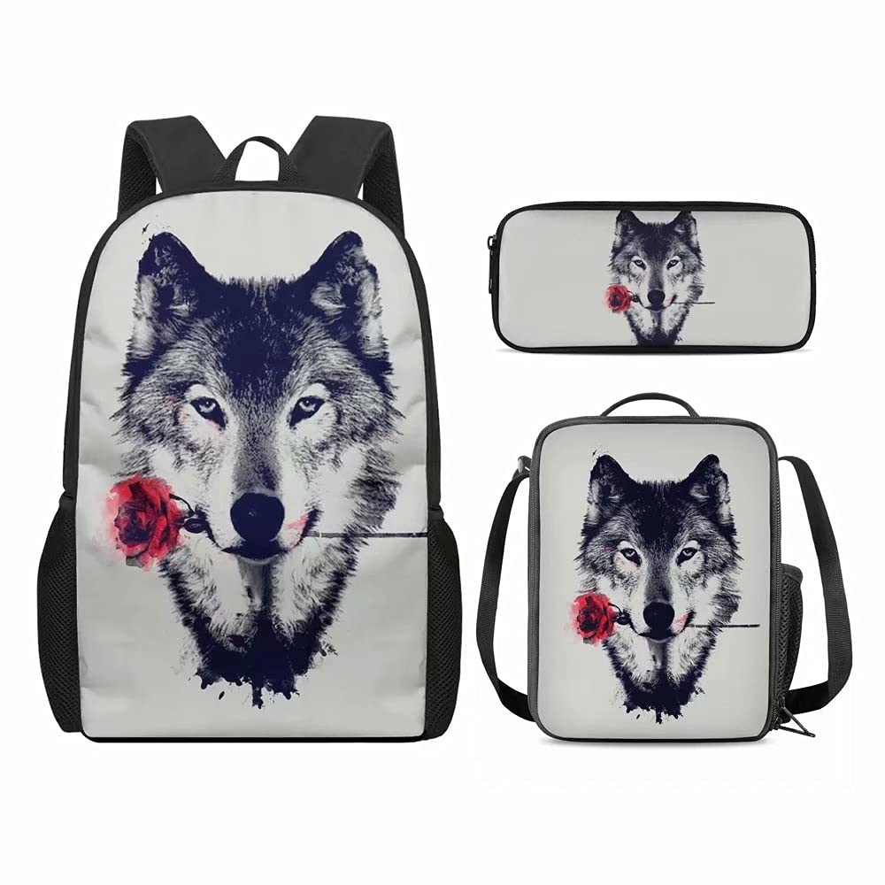 Stylish Wolf & Red Rose Print Travel Backpack - Durable Rucksack for Men & Women | School, Work & Outdoor Daypack with Lunch & Pencil Pouch | Perfect for Commuting, Hiking & College Campus Life