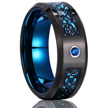 8mm Tungsten Gold Men's Wedding Band - Two Tone Tungsten Steel Ring with Blue Fiber Inlay, Black Dragon Slice & Blue Zircon - Perfect for Anniversary Gifts, Engagement Rings & Special Occasions
