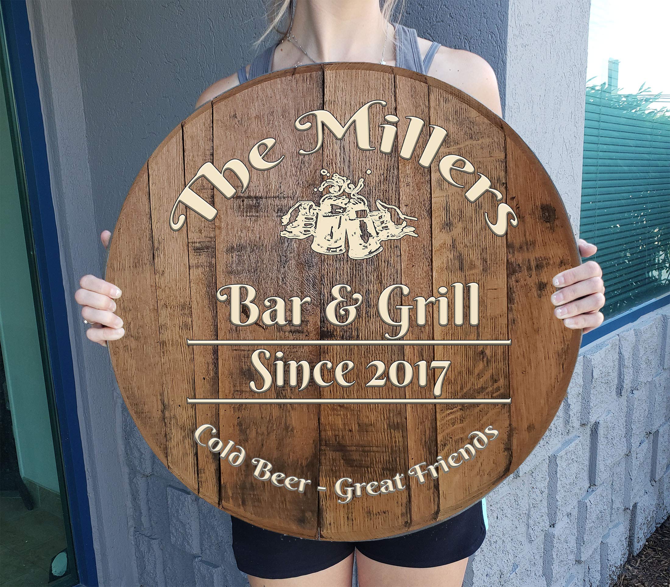 Personalized Beer Mugs Bar Signs - Rustic Wooden Wall Art for Home & Man Cave Decor - Whiskey Barrel Themed Gift - Large Natural Brown Wood Wall Hanging for Pub, Basement & Game Room Decor