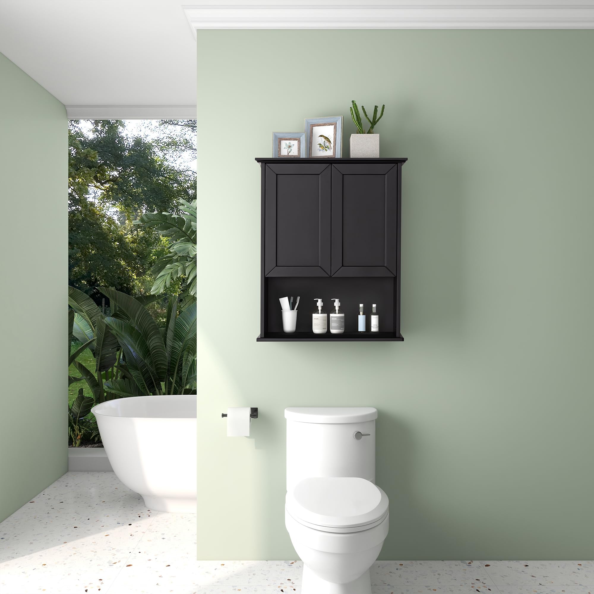 24x30 Inch Black Wooden Over Toilet Bathroom Wall Cabinet with Adjustable Shelf & Soft Hinge - 2-Door Wall Mounted Medicine Storage Cabinet with Metal Handle for Bathroom Organization & Small Space Saving