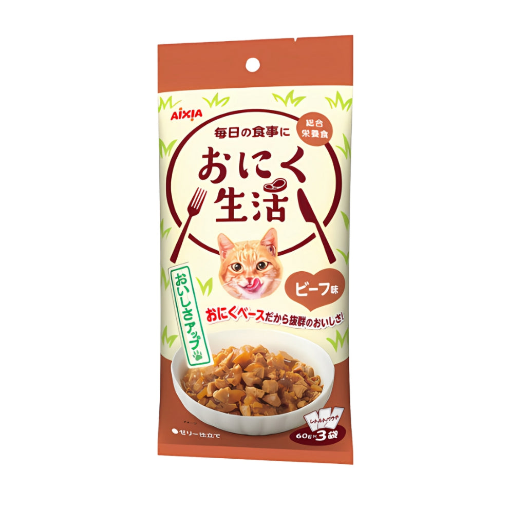 24-Pack Aixia Fish & Meat Life Wet Cat Food - 60g x 3 Skipjack Tuna, White Meat with Jelly, Chicken & Beef Formula - High Protein Meal for Adult & Senior Cats - Perfect for Picky Eaters & Daily Feeding