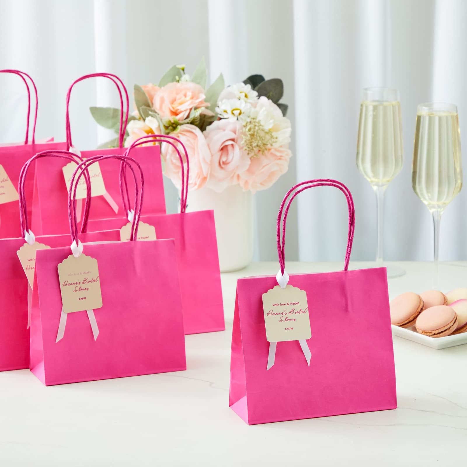 50 Pack Mini Pink Gift Bags with Handles - 6x5x2.5 Inch Bulk Kraft Party Favor Bags for Birthday, Baby Shower, Wedding Favors & Christmas Gift Wrapping