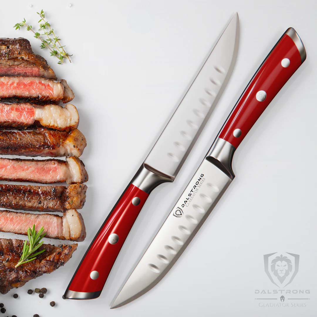 4-Piece Straight Edge Steak Knife Set with Red ABS Handles - Gladiator Series - NSF Certified - Dalstrong - Perfect for Steak Dinners, BBQ Parties & Kitchen Essentials