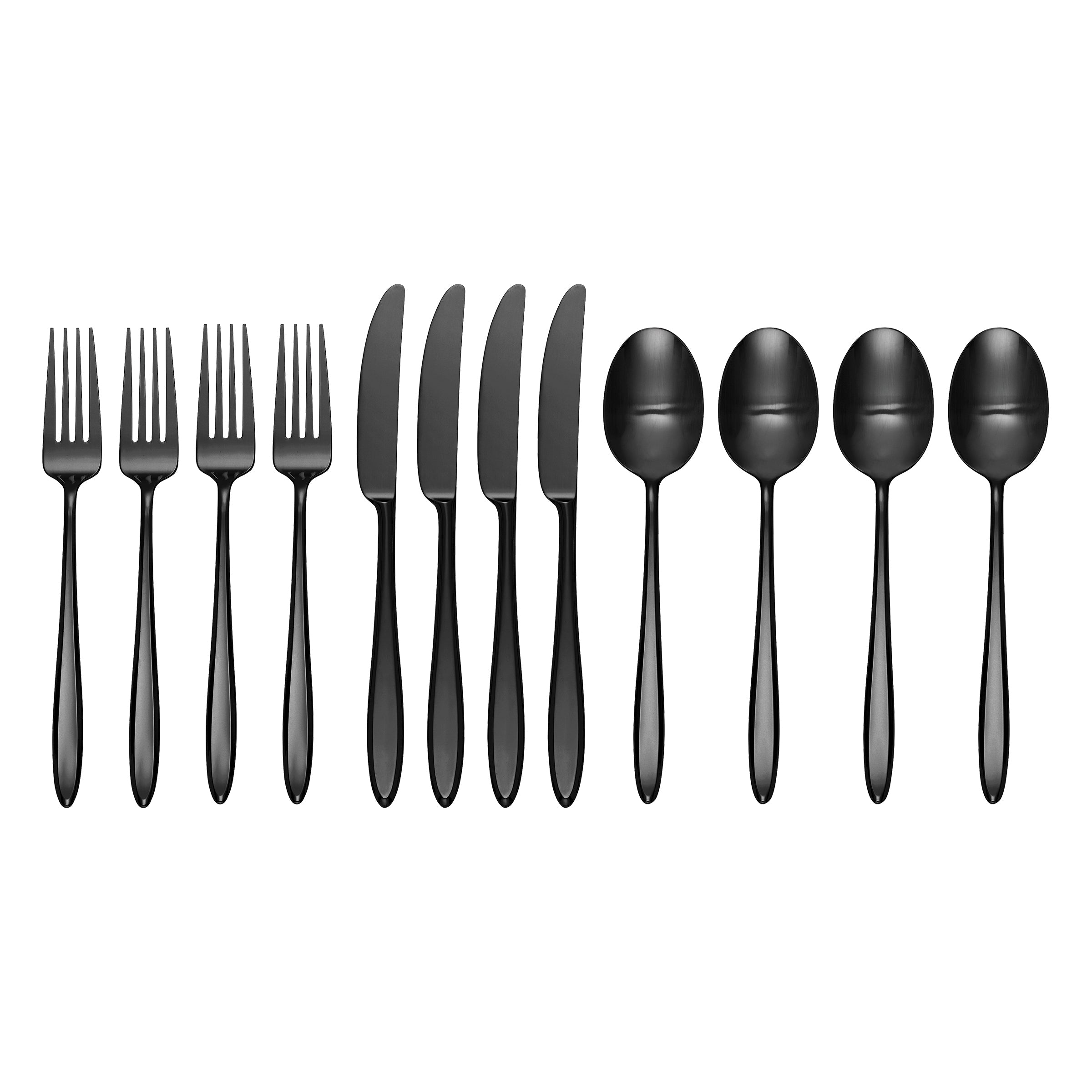 Ayla 12-Piece Black Satin Flatware Set - Stainless Steel Cutlery Set for 4, Modern Dinnerware for Everyday Use & Special Occasions