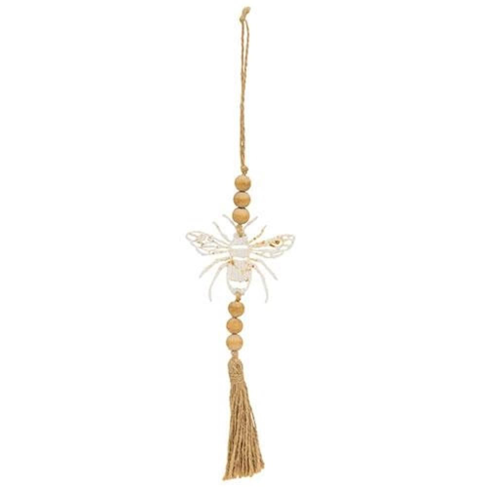 Elegant Beaded White Metal Bee Ornament - Handcrafted Home Decor for Wall, Shelf, or Garden - Perfect for Boho, Farmhouse & Vintage Style Interiors