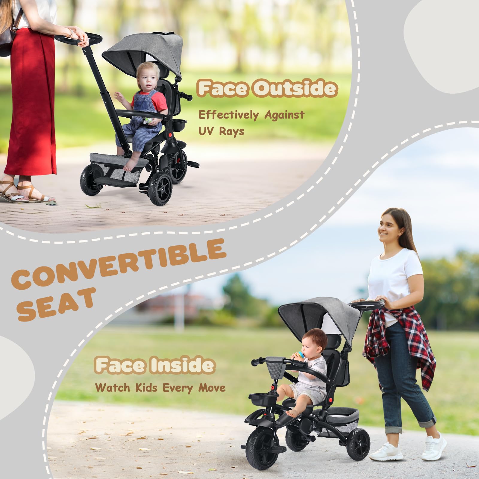 8-in-1 Foldable Kids Tricycle with Removable Canopy & Parent Push Handle - 360° Swivel Seat Toddler Bike Stroller for Children Ages 1-5 Years - Lightweight EVA Wheels & Storage Basket (Grey) - Perfect for Park Rides, Outdoor Play & Family Walks