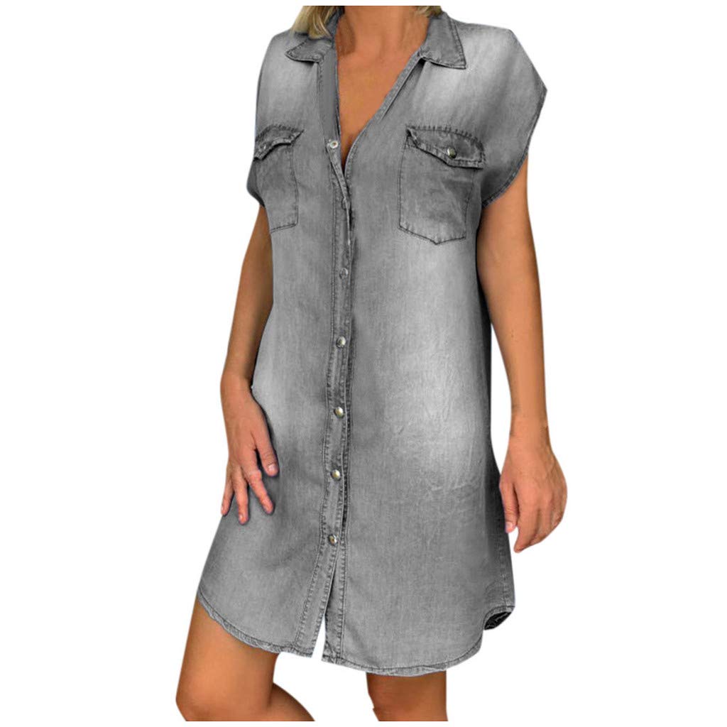 Women's Sleeveless Denim Swing Dress - Casual Party Dress with Turndown Neckline, Perfect for Mother of The Bride, Summer Weddings & Outdoor Events