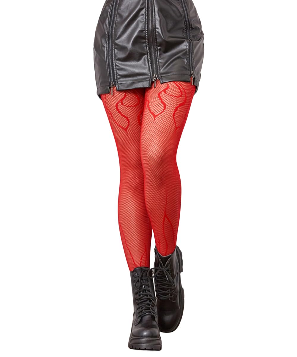 Sexy Fire Patterned Fishnet Tights for Women - Stretchy Elastic Pantyhose & Mesh Stockings with Blaze Design | Perfect for Halloween Costumes, Cosplay & Night Out Outfits