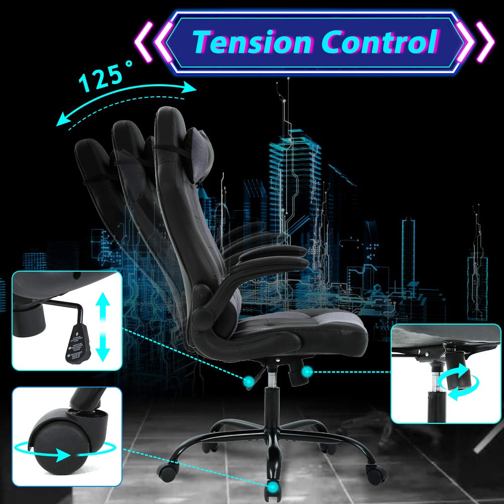 Ergonomic Gaming Chair with Lumbar Support & Headrest - Adjustable PU Leather Office Computer Chair for Video Games, Work & Home Use - Perfect for Gamers, Remote Workers & Home Office (Grey)