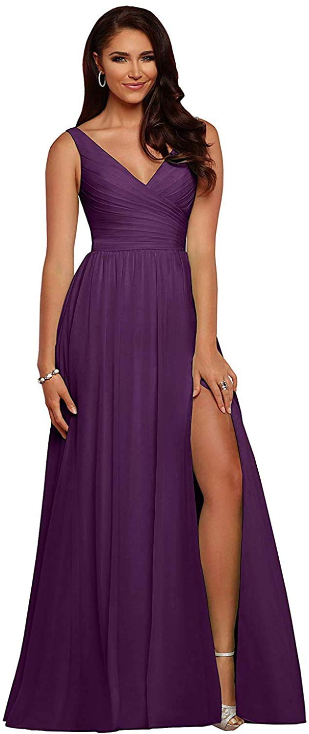 Elegant Long Chiffon Bridesmaid Dress with V-Neck & High Slit - Backless Formal Gown for Weddings, Prom & Special Occasions - Perfect for Bridal Party, Evening Events & Cocktail Receptions