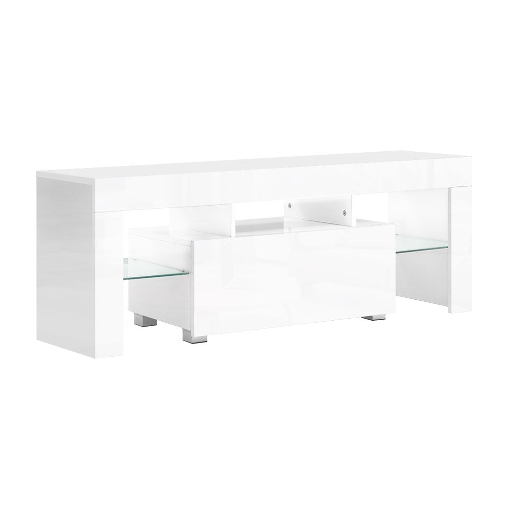 130cm RGB LED TV Stand Cabinet with Drawers & Tempered Glass Shelf - Modern Gloss White Entertainment Center for Living Room, Bedroom & Home Theater Setup